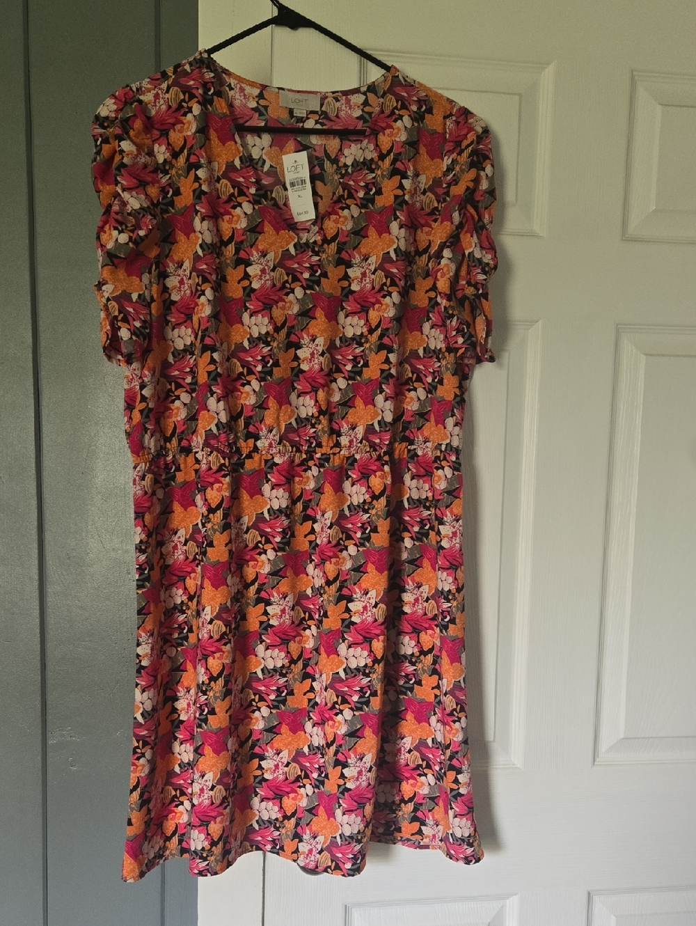 LOFT Floral Short Sleeve Dress in Pink, Orange & Black
